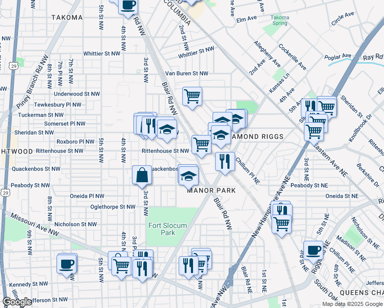 map of restaurants, bars, coffee shops, grocery stores, and more near 6130 Blair Road Northwest in Washington