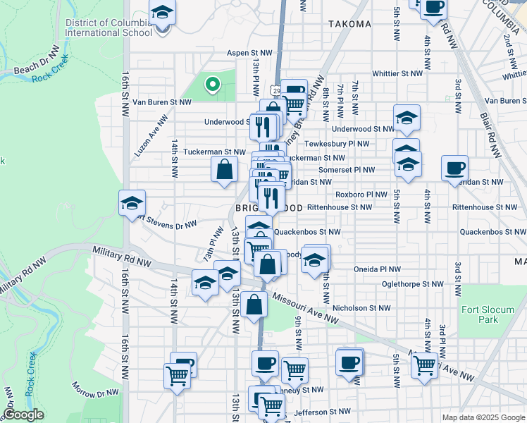 map of restaurants, bars, coffee shops, grocery stores, and more near 1000 Rittenhouse Street Northwest in Washington