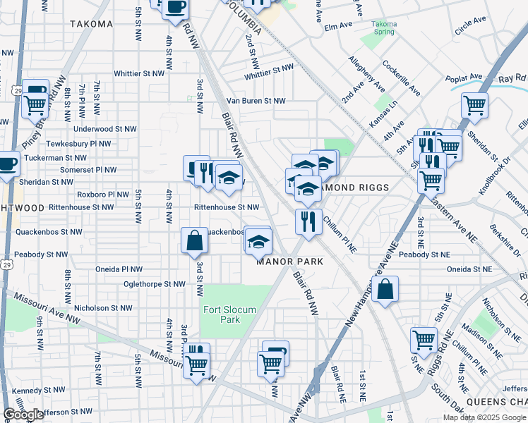 map of restaurants, bars, coffee shops, grocery stores, and more near 6130 Blair Road Northwest in Washington