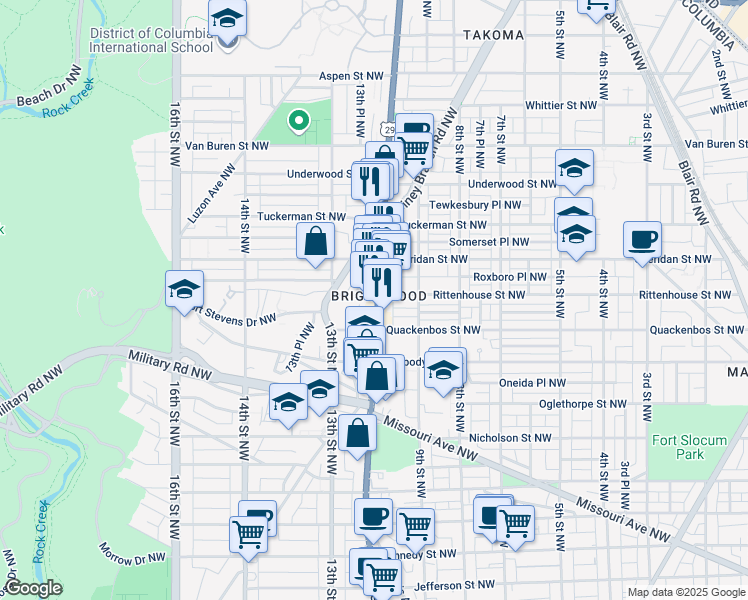 map of restaurants, bars, coffee shops, grocery stores, and more near 6126 Georgia Avenue Northwest in Washington