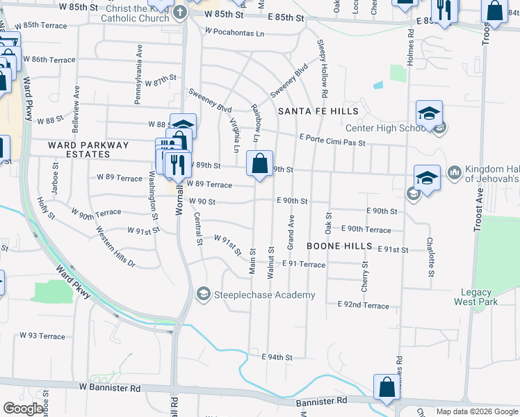 map of restaurants, bars, coffee shops, grocery stores, and more near 8928 Walnut Street in Kansas City