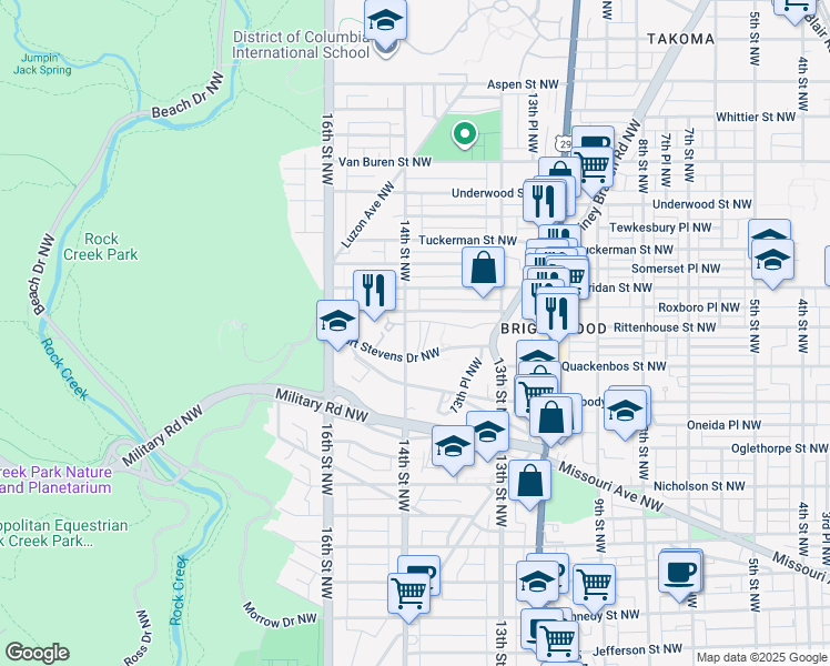 map of restaurants, bars, coffee shops, grocery stores, and more near 6115 14th Street Northwest in Washington