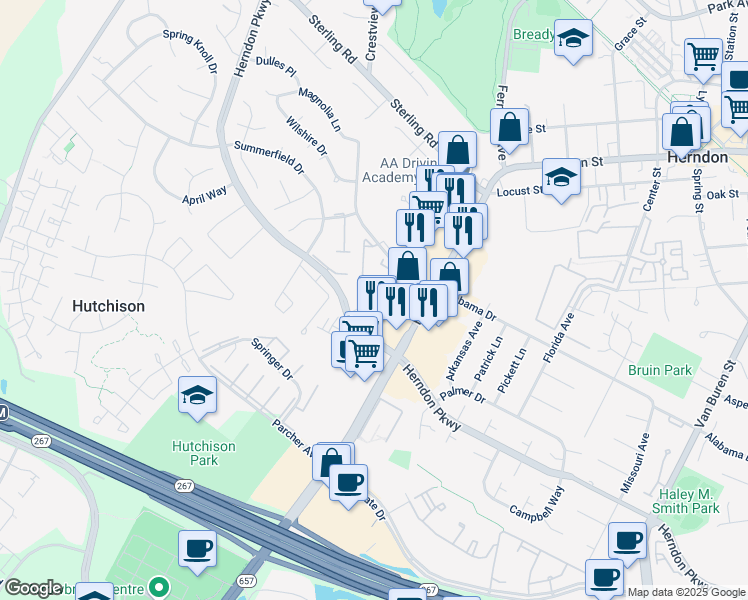 map of restaurants, bars, coffee shops, grocery stores, and more near 1193 Cypress Tree Place in Herndon