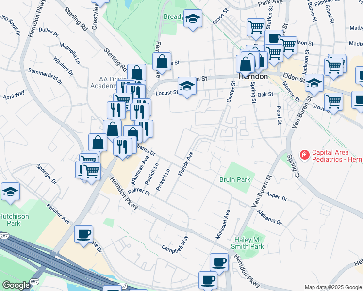 map of restaurants, bars, coffee shops, grocery stores, and more near 525 Florida Avenue in Herndon