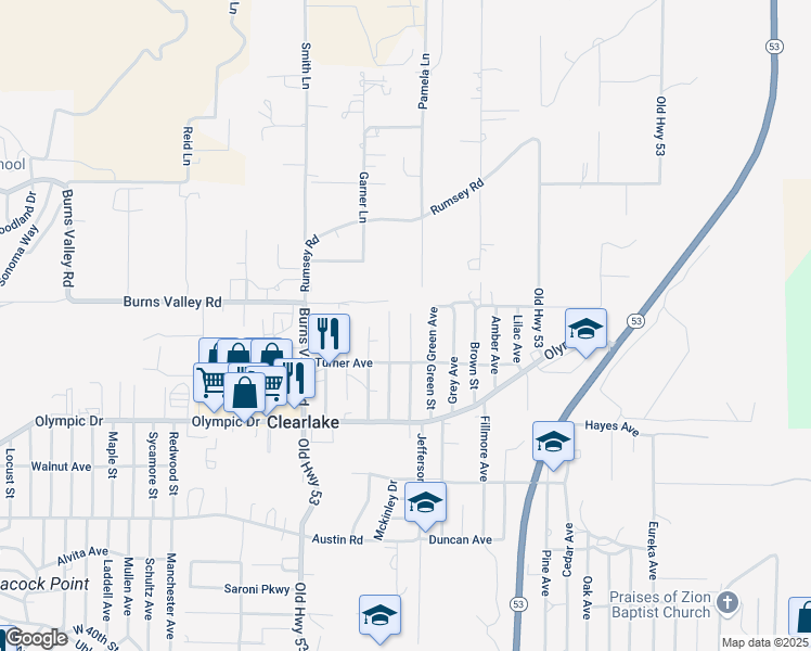 map of restaurants, bars, coffee shops, grocery stores, and more near 3258 Emerson Street in Clearlake