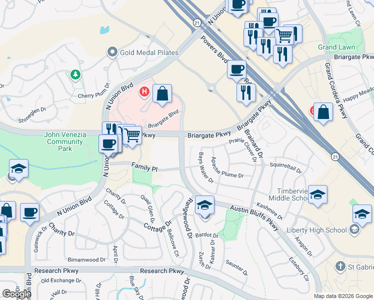 map of restaurants, bars, coffee shops, grocery stores, and more near 4023 Morning Glory Road in Colorado Springs