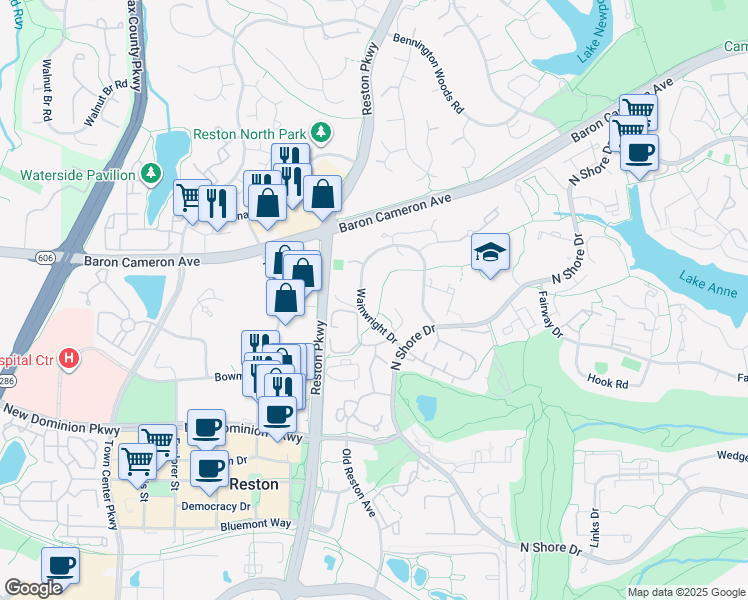map of restaurants, bars, coffee shops, grocery stores, and more near 1765 Wainwright Drive in Reston