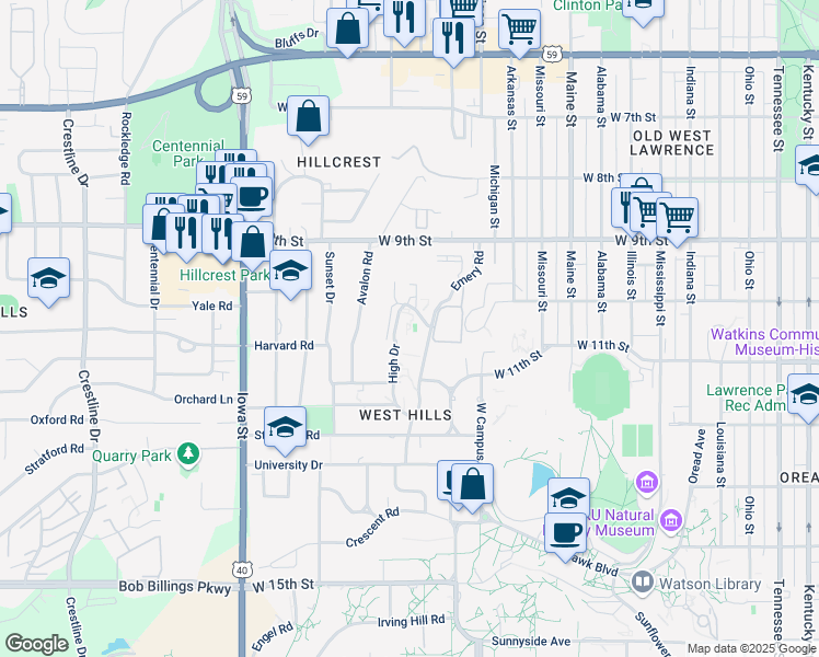 map of restaurants, bars, coffee shops, grocery stores, and more near High Drive in Lawrence