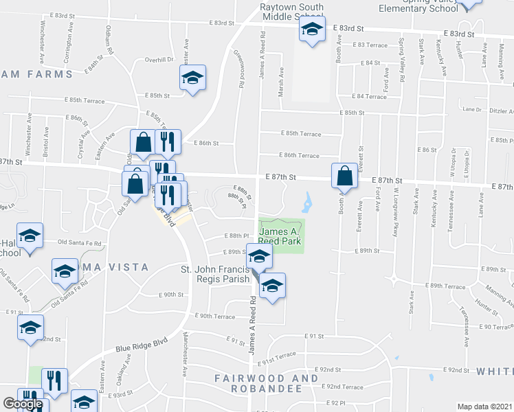 map of restaurants, bars, coffee shops, grocery stores, and more near James A Reed Rd & E 88 St in Kansas City