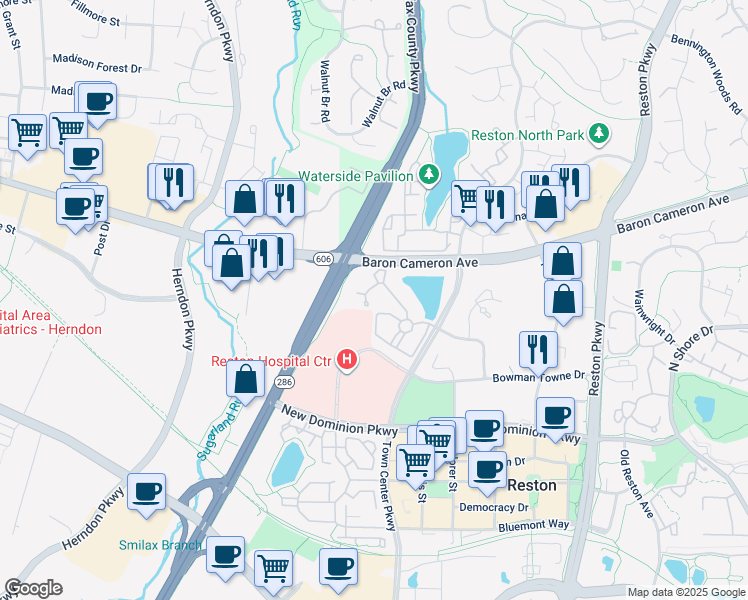 map of restaurants, bars, coffee shops, grocery stores, and more near 1701 Lake Shore Crest Drive in Reston