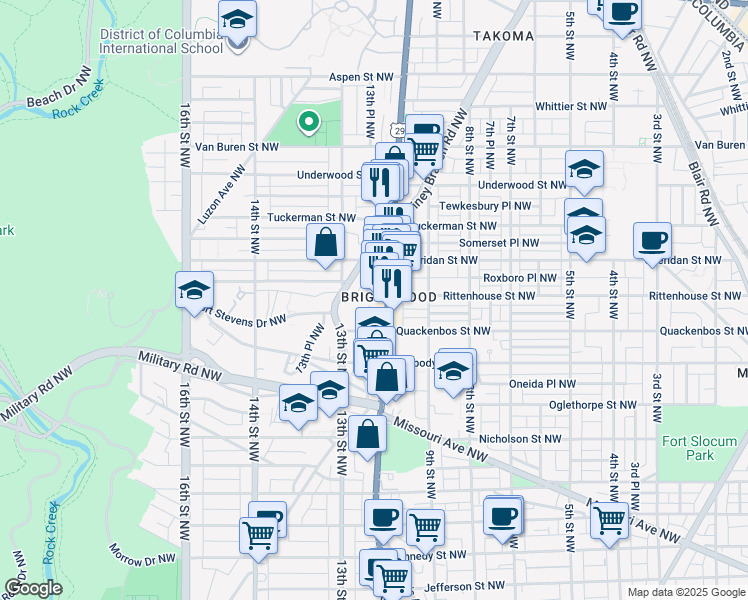 map of restaurants, bars, coffee shops, grocery stores, and more near 1008 Rittenhouse Street Northwest in Washington