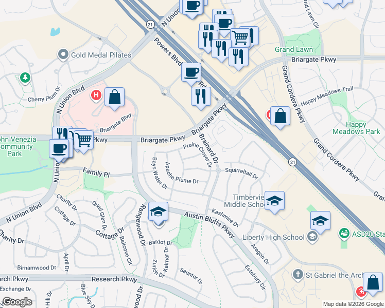 map of restaurants, bars, coffee shops, grocery stores, and more near 4368 Prairie Willow Drive in Colorado Springs