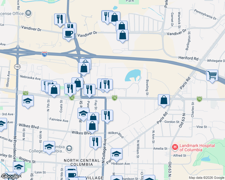 map of restaurants, bars, coffee shops, grocery stores, and more near 1410 Stone Street in Columbia