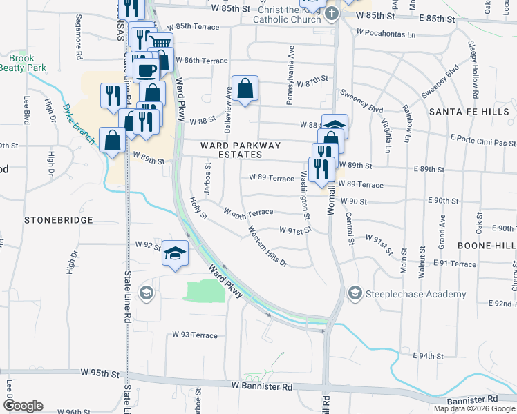 map of restaurants, bars, coffee shops, grocery stores, and more near 804 West 90 Street in Kansas City