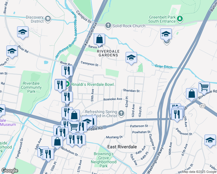 map of restaurants, bars, coffee shops, grocery stores, and more near 6326 61st Avenue in East Riverdale