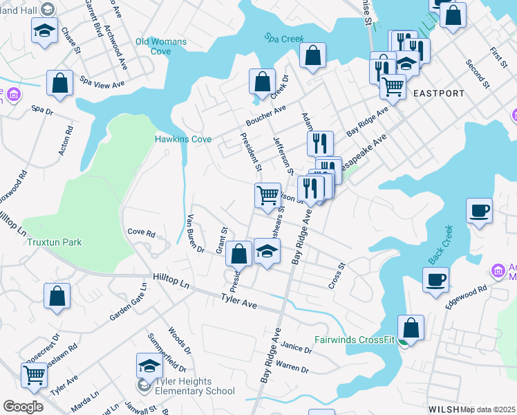 map of restaurants, bars, coffee shops, grocery stores, and more near 1019 President Street in Annapolis