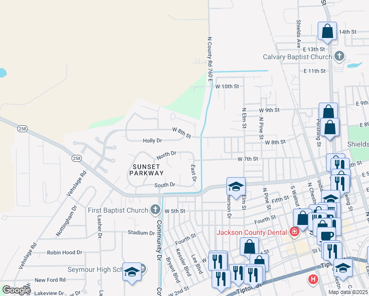map of restaurants, bars, coffee shops, grocery stores, and more near 850 North Drive in Seymour