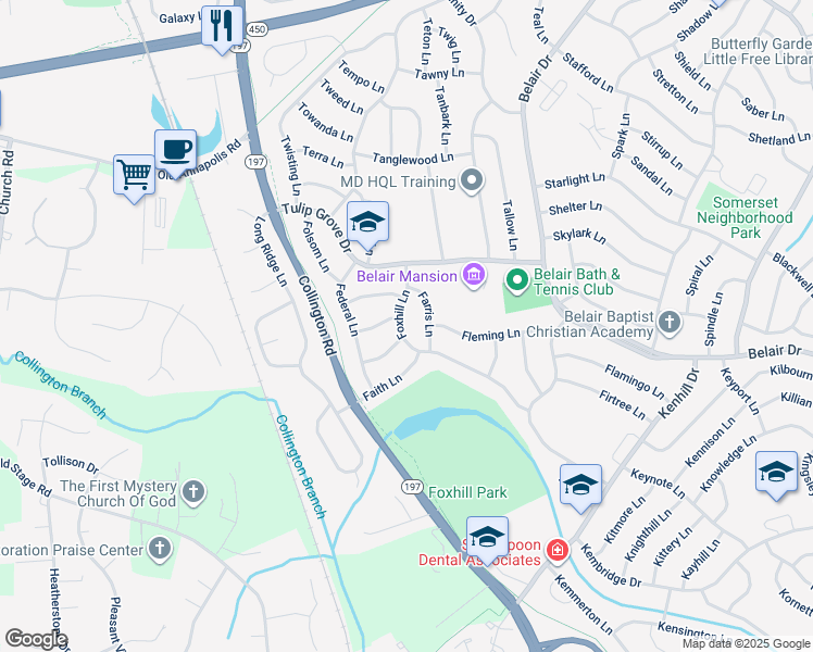 map of restaurants, bars, coffee shops, grocery stores, and more near 12112 Foxhill Lane in Bowie