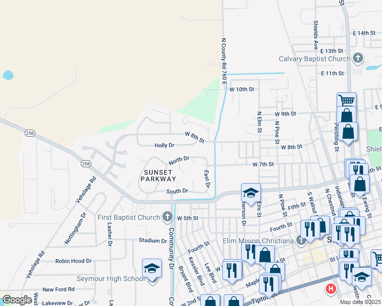 map of restaurants, bars, coffee shops, grocery stores, and more near 900 North Drive in Seymour