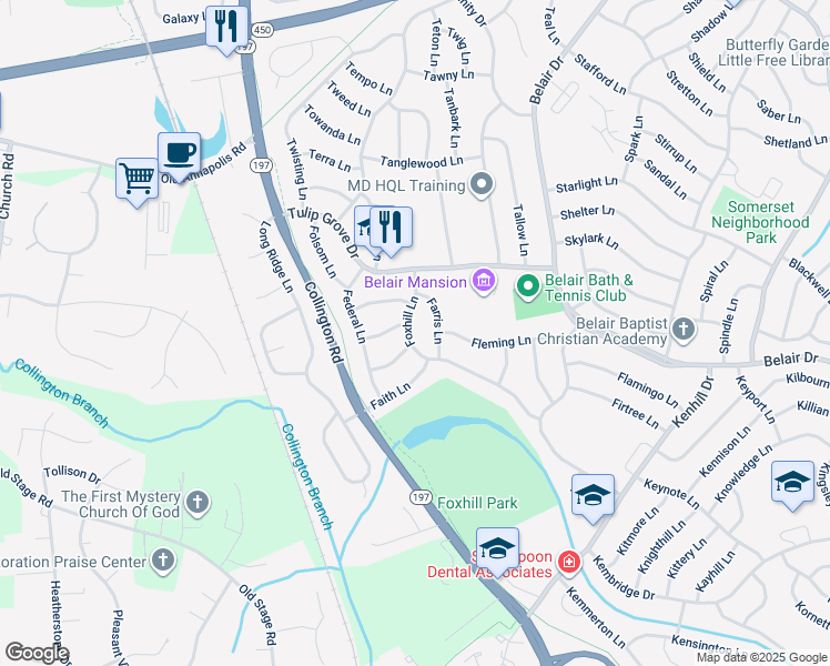 map of restaurants, bars, coffee shops, grocery stores, and more near 12112 Foxhill Lane in Bowie