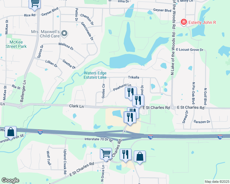 map of restaurants, bars, coffee shops, grocery stores, and more near 5567 Pinehurst Lane in Columbia