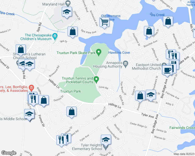 map of restaurants, bars, coffee shops, grocery stores, and more near 1006 Primrose Court in Annapolis