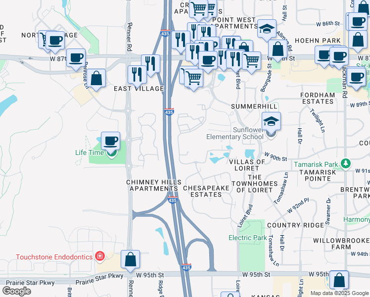 map of restaurants, bars, coffee shops, grocery stores, and more near 9250 Renner Boulevard in Lenexa