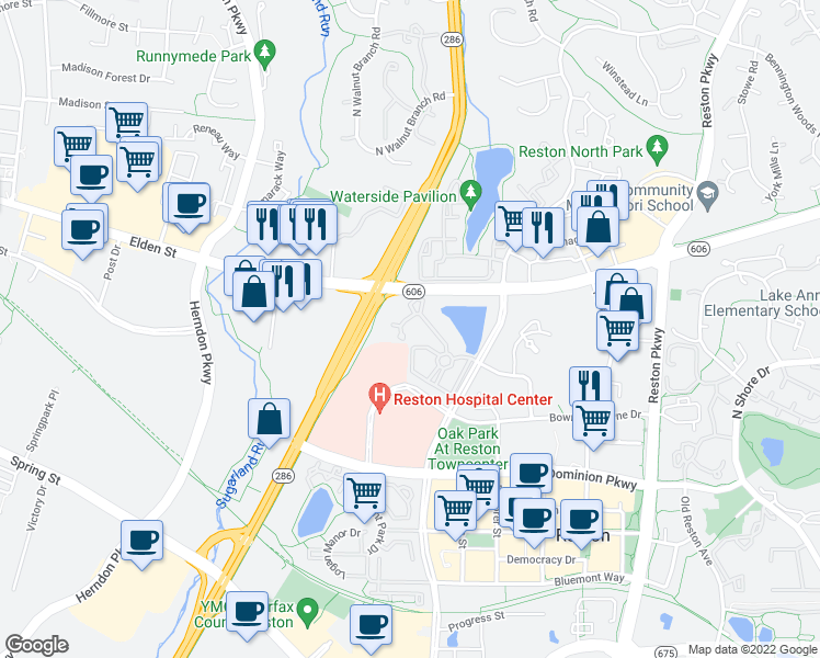 map of restaurants, bars, coffee shops, grocery stores, and more near 1701 Lake Shore Crest Drive in Reston