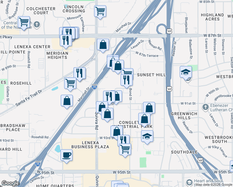 map of restaurants, bars, coffee shops, grocery stores, and more near 8699 Bluejacket Street in Lenexa