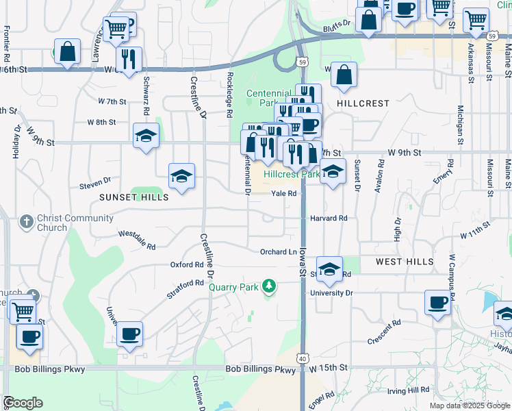 map of restaurants, bars, coffee shops, grocery stores, and more near 2325 Yale Road in Lawrence