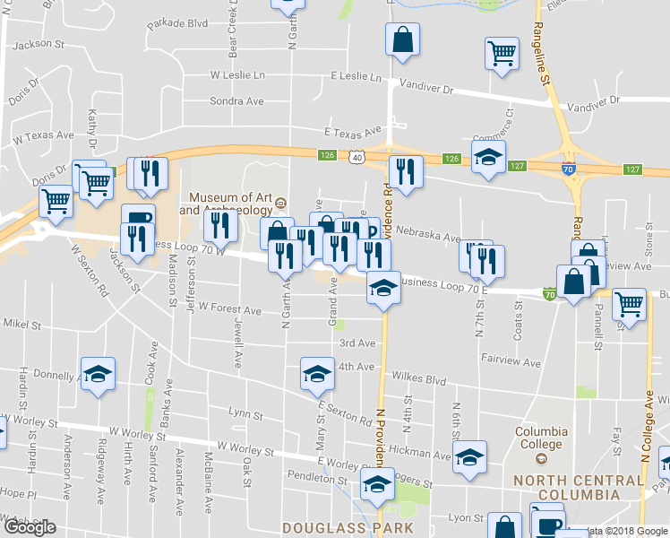 map of restaurants, bars, coffee shops, grocery stores, and more near 100 Interstate 70 Business Loop in Columbia