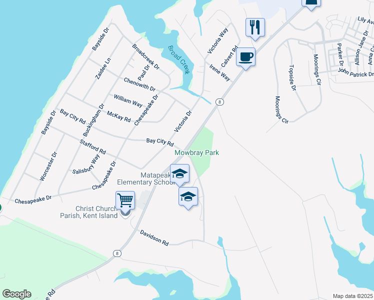 map of restaurants, bars, coffee shops, grocery stores, and more near 671 Romancoke Road in Stevensville