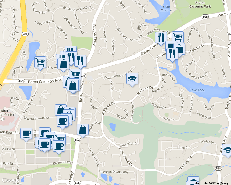 map of restaurants, bars, coffee shops, grocery stores, and more near 1608 Wainwright Drive in Reston