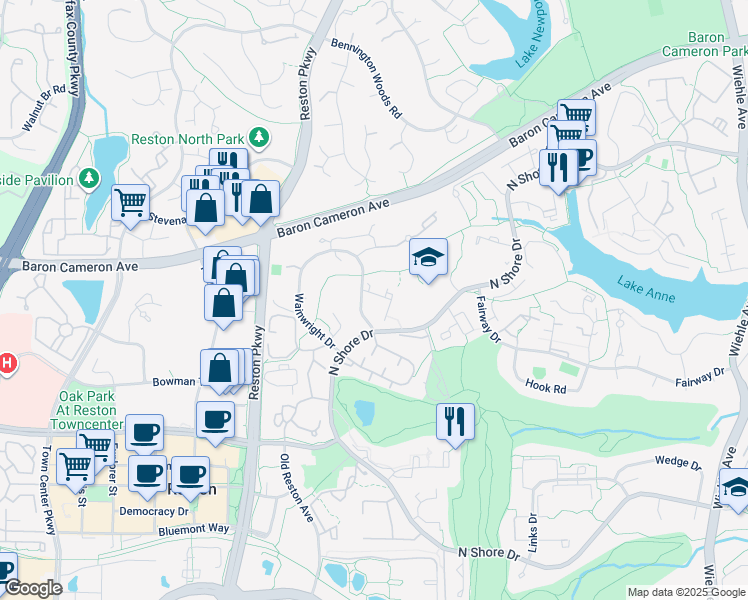 map of restaurants, bars, coffee shops, grocery stores, and more near 1608 Wainwright Drive in Reston