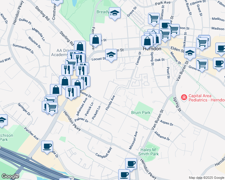 map of restaurants, bars, coffee shops, grocery stores, and more near 511 Florida Avenue in Herndon