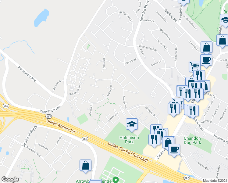 map of restaurants, bars, coffee shops, grocery stores, and more near 13361 Keisler Court in Herndon