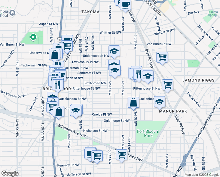 map of restaurants, bars, coffee shops, grocery stores, and more near 5th St NW & Rittenhouse St NW in Washington