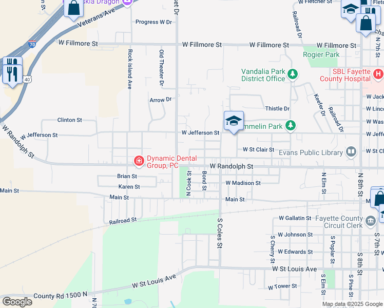 map of restaurants, bars, coffee shops, grocery stores, and more near 1830 Paula Lane in Vandalia