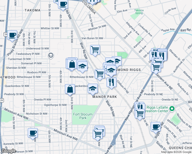 map of restaurants, bars, coffee shops, grocery stores, and more near Blair Rd NW & Rittenhouse St NW in Washington