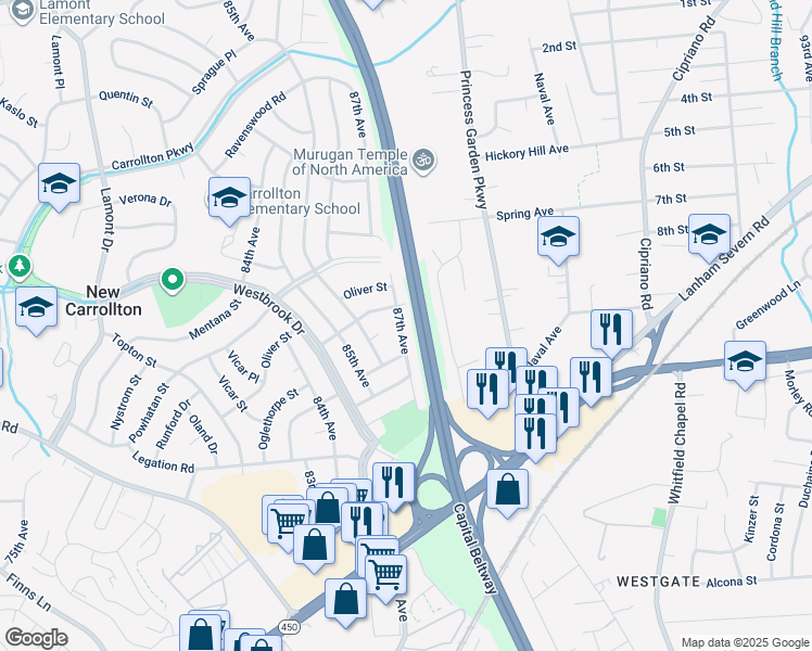 map of restaurants, bars, coffee shops, grocery stores, and more near 5911 87th Avenue in New Carrollton