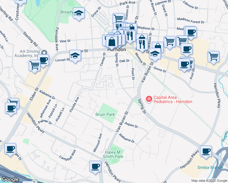map of restaurants, bars, coffee shops, grocery stores, and more near 505 Bowers Lane in Herndon