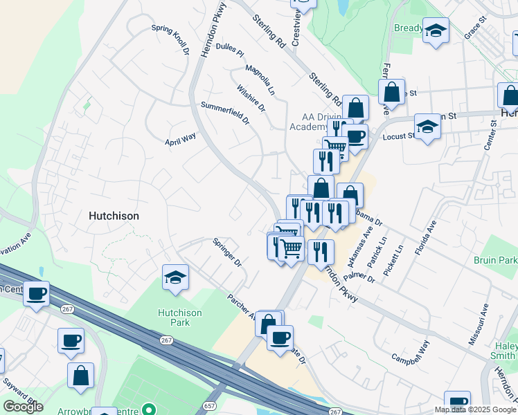 map of restaurants, bars, coffee shops, grocery stores, and more near 1163 Herndon Parkway in Herndon