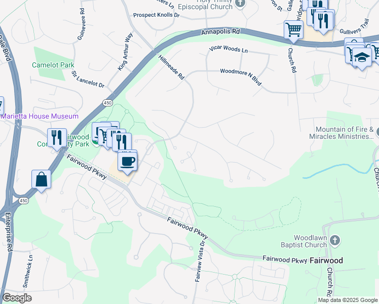 map of restaurants, bars, coffee shops, grocery stores, and more near 11114 Parkers Endeavor Drive in Bowie
