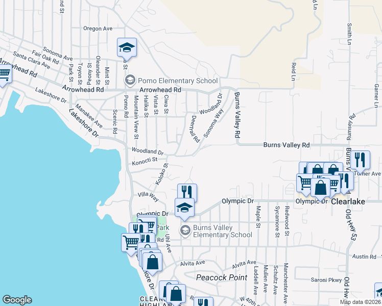 map of restaurants, bars, coffee shops, grocery stores, and more near 14219 Sonoma Way in Clearlake