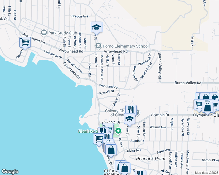 map of restaurants, bars, coffee shops, grocery stores, and more near 14111 Woodland Drive in Clearlake