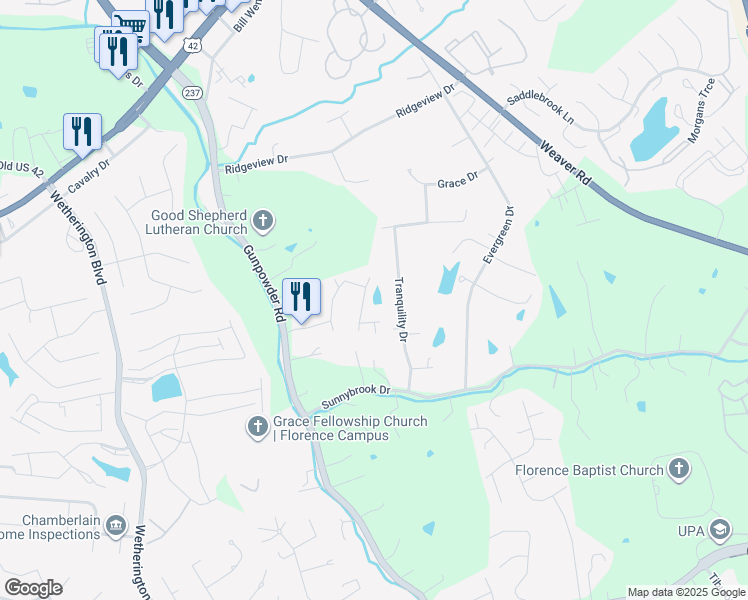 map of restaurants, bars, coffee shops, grocery stores, and more near 9370 Lago Mar Court in Florence