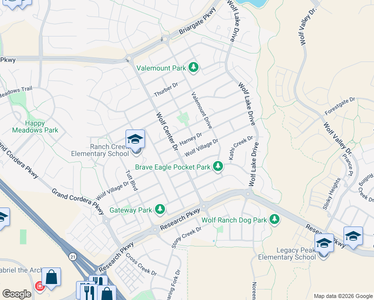 map of restaurants, bars, coffee shops, grocery stores, and more near 5963 Harney Drive in Colorado Springs