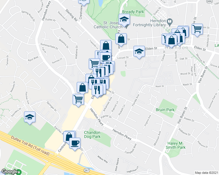 map of restaurants, bars, coffee shops, grocery stores, and more near 904 Alabama Drive in Herndon