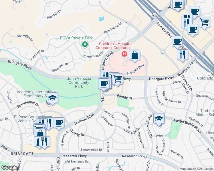 map of restaurants, bars, coffee shops, grocery stores, and more near 9275 North Union Boulevard in Colorado Springs