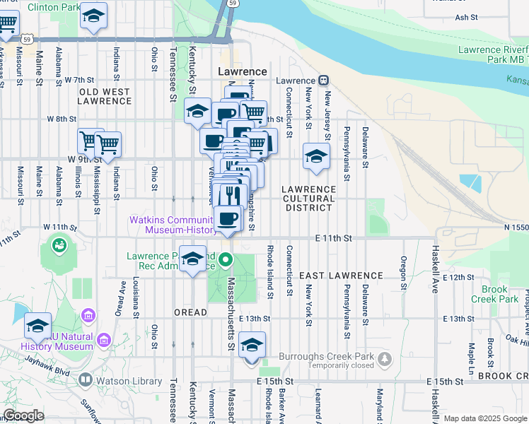map of restaurants, bars, coffee shops, grocery stores, and more near 1000 Rhode Island Street in Lawrence